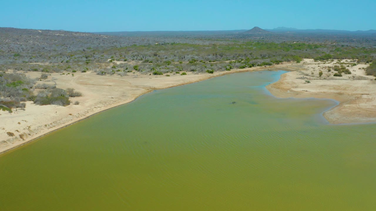 Aerial view across lagoon water toward sandy desert vegetation.