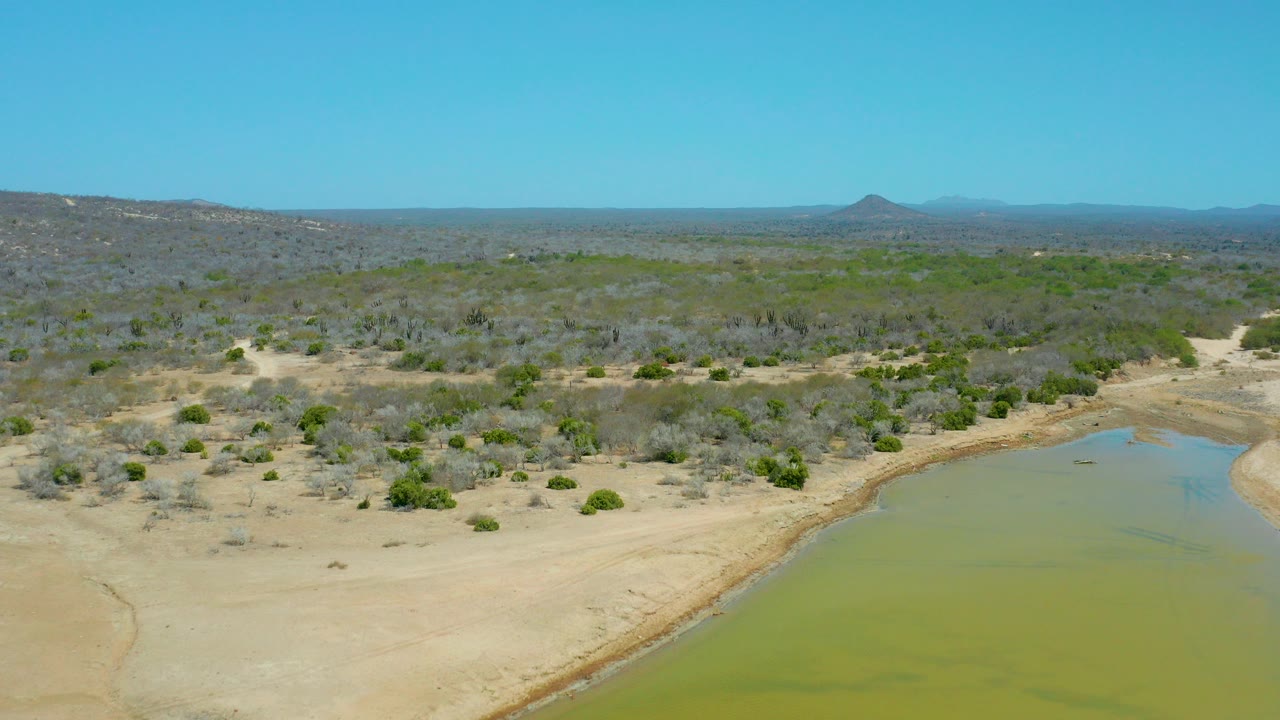 Opening aerial frame over La Laguna Beach Los Cabos shows pale sandy terrain, scattered shrubs, shallow greenish water at the lower right, distant hills, and no visible people.