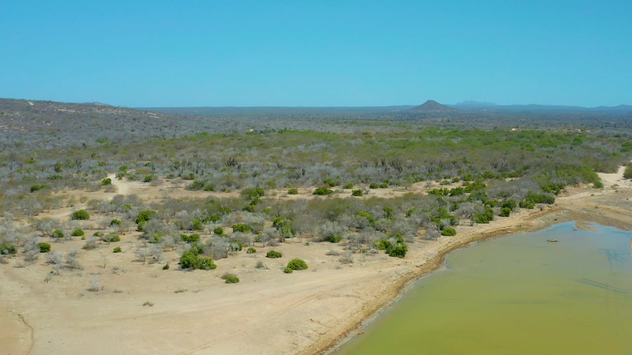 At 0:02, the frame shows La Laguna Beach Los Cabos scrubland spreading across the midground, a shallow water body cropped at the right edge, a pointed distant hill, and no visible people.