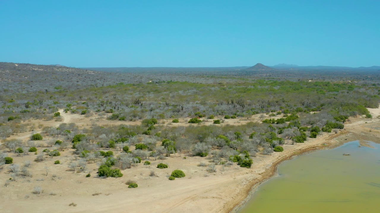 Aerial view of sandy desert scrub with a shallow pond corner and distant hills.