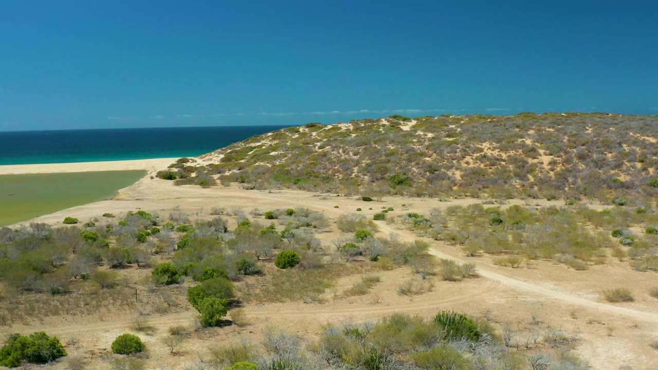 High aerial view over La Laguna Beach Los Cabos with sandy tracks and scrub in front, dry dunes across the middle, a pale beach and blue ocean beyond, with no visible people.