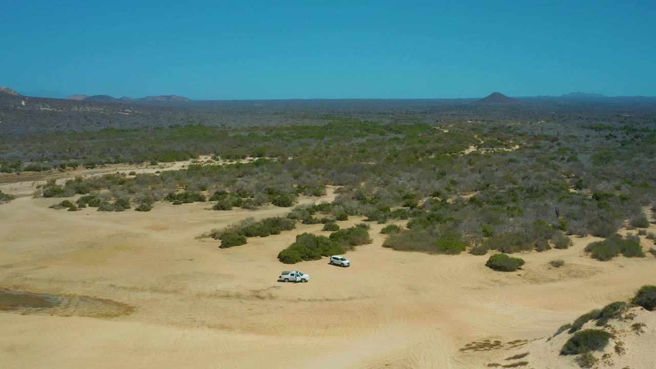 Wide aerial frame at La Laguna Beach Los Cabos, Mexico showing two SUVs separated on the sandy track area, scrub vegetation stretching to distant hills, and no visible people.