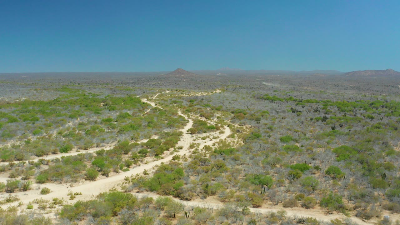 Aerial view of a winding dirt road through arid scrubland under blue sky.