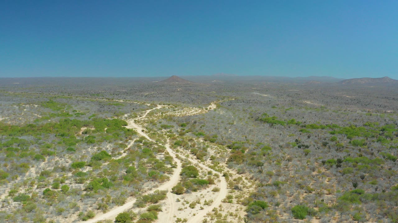 Aerial view of a sandy dirt path through sparse desert brush under a blue sky.