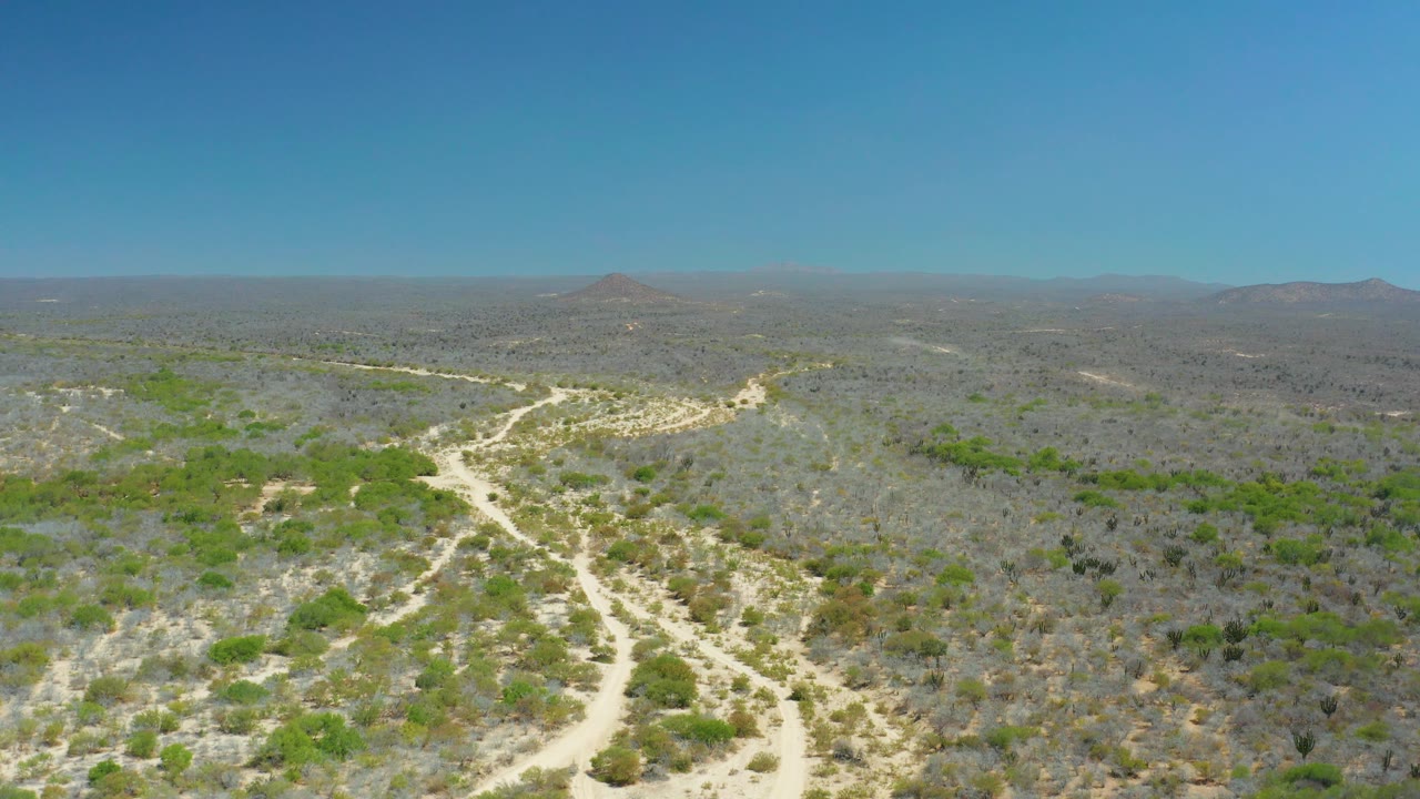 At 0:03, the La Laguna Beach Los Cabos landscape is seen from above with the pale trail in the foreground, dense gray scrub around it, green patches, and no visible people.