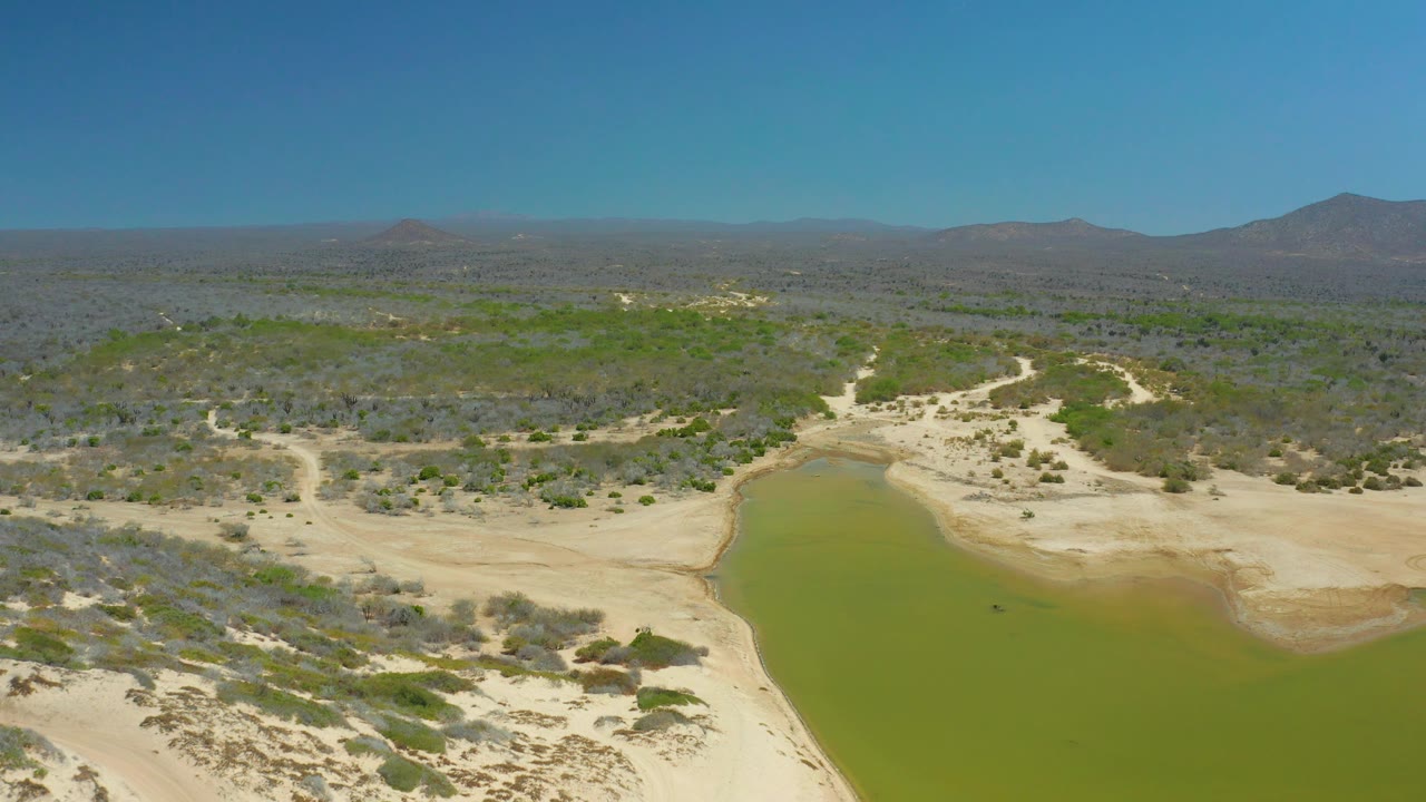 Aerial desert landscape with green waterhole, sand, bushes, and distant mountains.