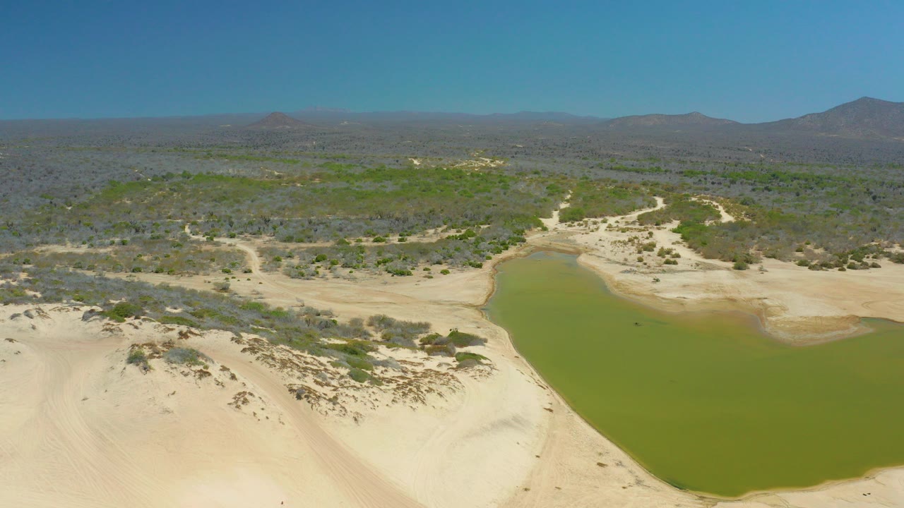 Aerial frame over La Laguna Beach Los Cabos showing green lagoon water against pale sand dunes, scrubland beyond, distant mountains, clear blue sky, and no visible people.