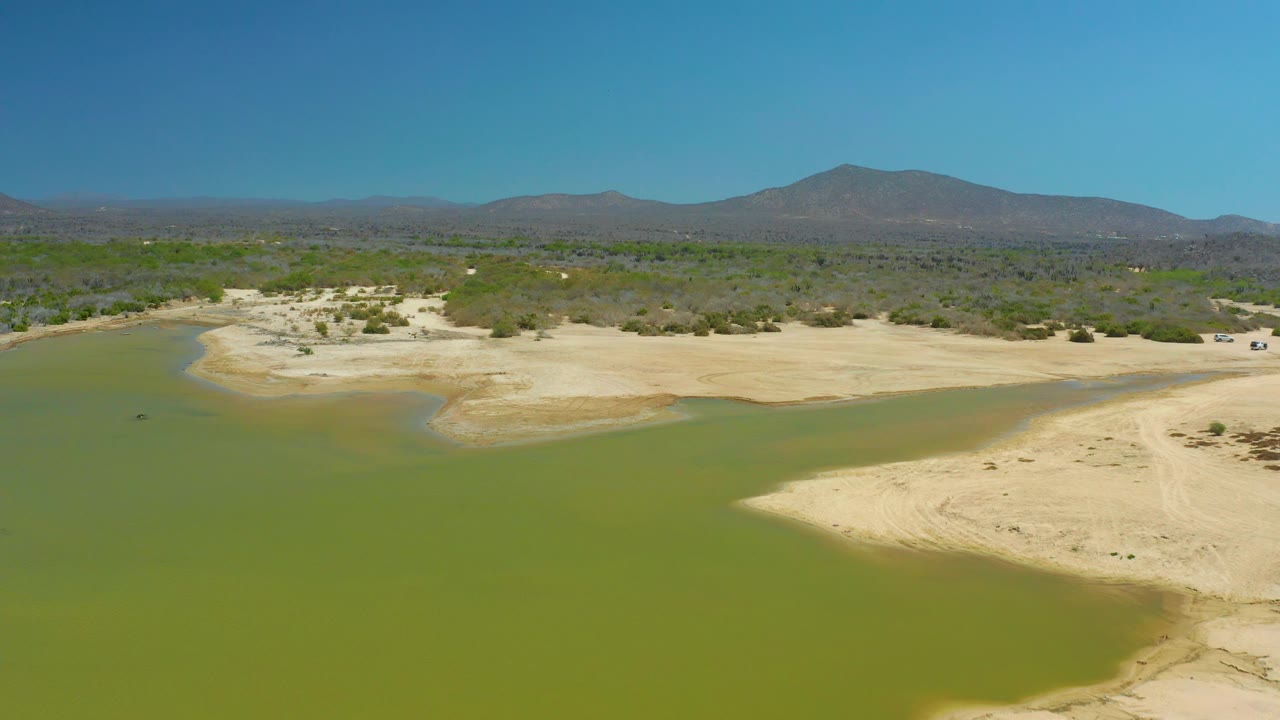 Elevated view over La Laguna Beach Los Cabos with a broad green water surface, pale sandy flats, scattered desert vegetation, distant mountains, clear blue sky, and no visible people.