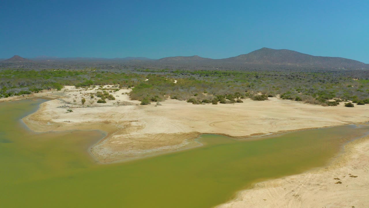 Aerial frame from La Laguna Beach Los Cabos showing green water in the foreground, pale sand banks, scrub vegetation, distant mountains, clear blue sky, and no visible people.