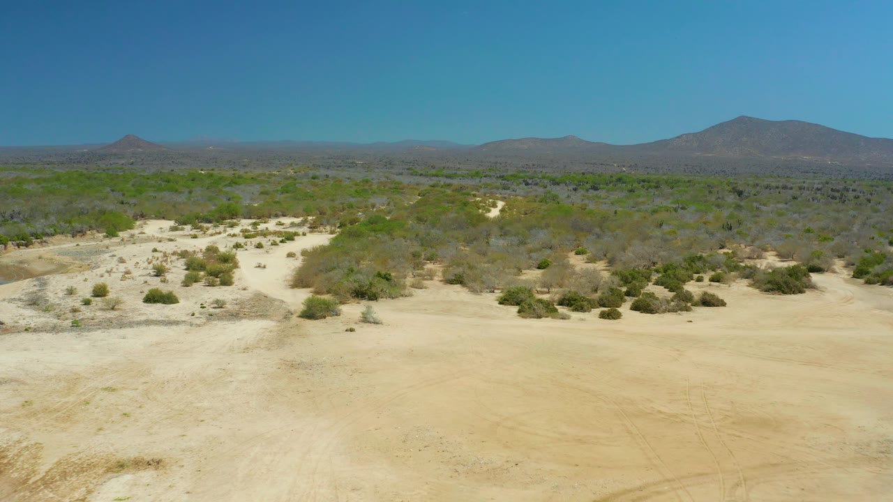 Aerial frame from La Laguna Beach Los Cabos looking over sandy arid ground, scattered green shrubs, faint track lines, distant brown mountains, and no visible people.