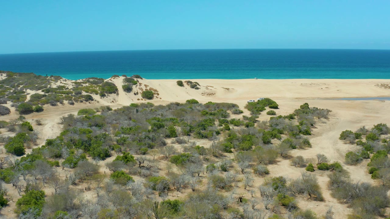 High oblique view at La Laguna Beach Los Cabos with low scrub and dune paths in the foreground, an empty-looking sand beach in the background, blue ocean bands, and no visible people.