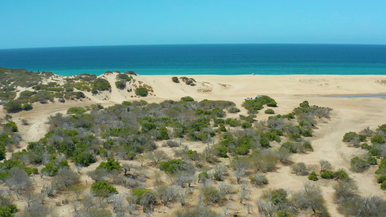 Mid-clip aerial view of La Laguna Beach Los Cabos with scrubby dunes across the lower frame, broad pale sand, clear turquoise surf zone, darker ocean, level horizon, and no visible people.