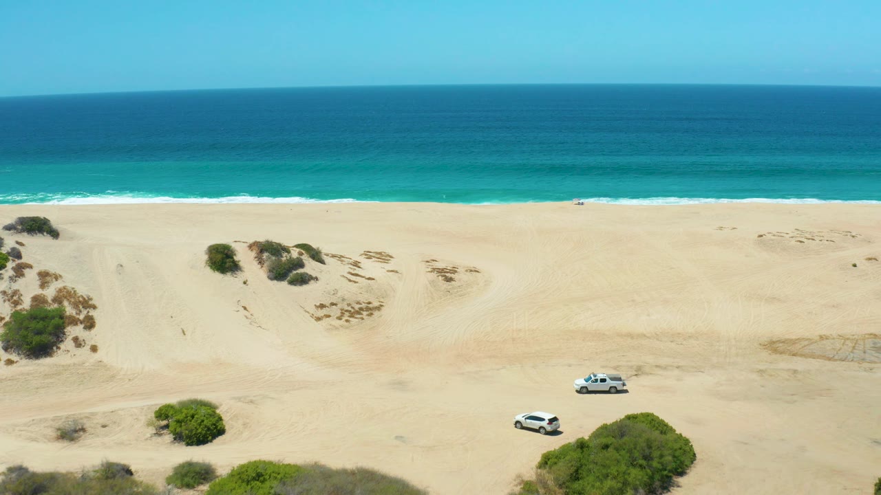 White SUV on beach dunes with sparse shrubs, ocean, and clear sky.