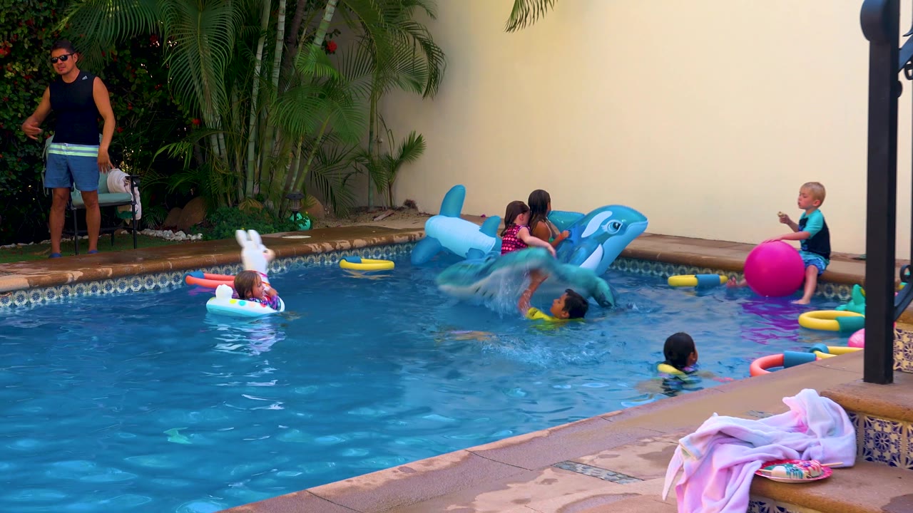 At 0:02 in San Jose Del Cabo, water splashes beside the large blue dolphin float as children cluster around it, with a pink ball on the pool edge and an adult watching from the left.
