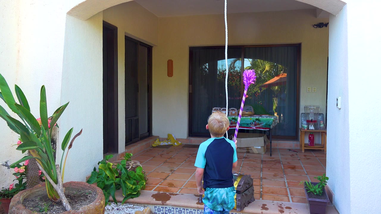 In San Jose del Cabo, a blond child in a blue shirt stands on a terracotta patio facing a hanging purple piñata, with potted plants at left and sliding glass doors behind.