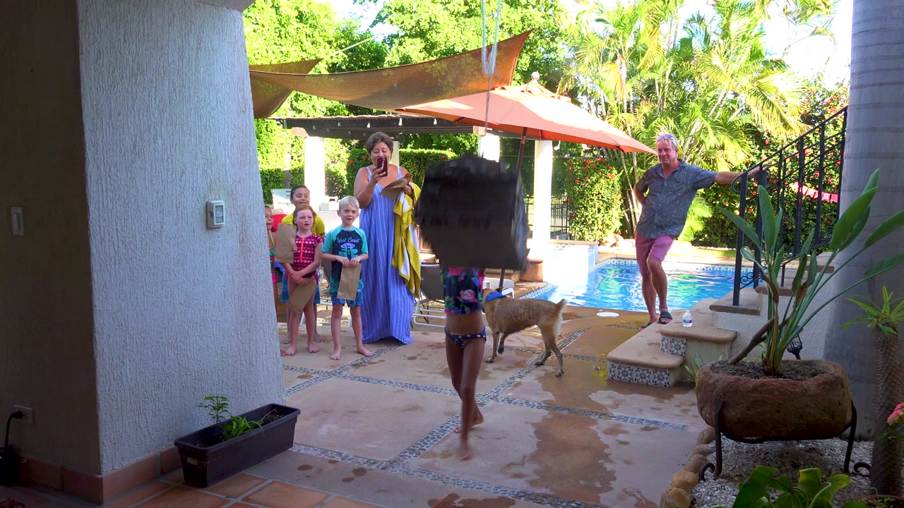 In San Jose Del Cabo, a child stands on a shaded patio holding a large black toy while children, adults, a dog, plants, umbrellas, and a swimming pool fill the background.