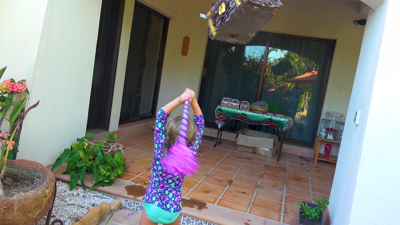 In San Jose Del Cabo, the child lifts the pink stick above their head while the piñata hangs near the top of the patio frame, with plants and glass doors in the background.