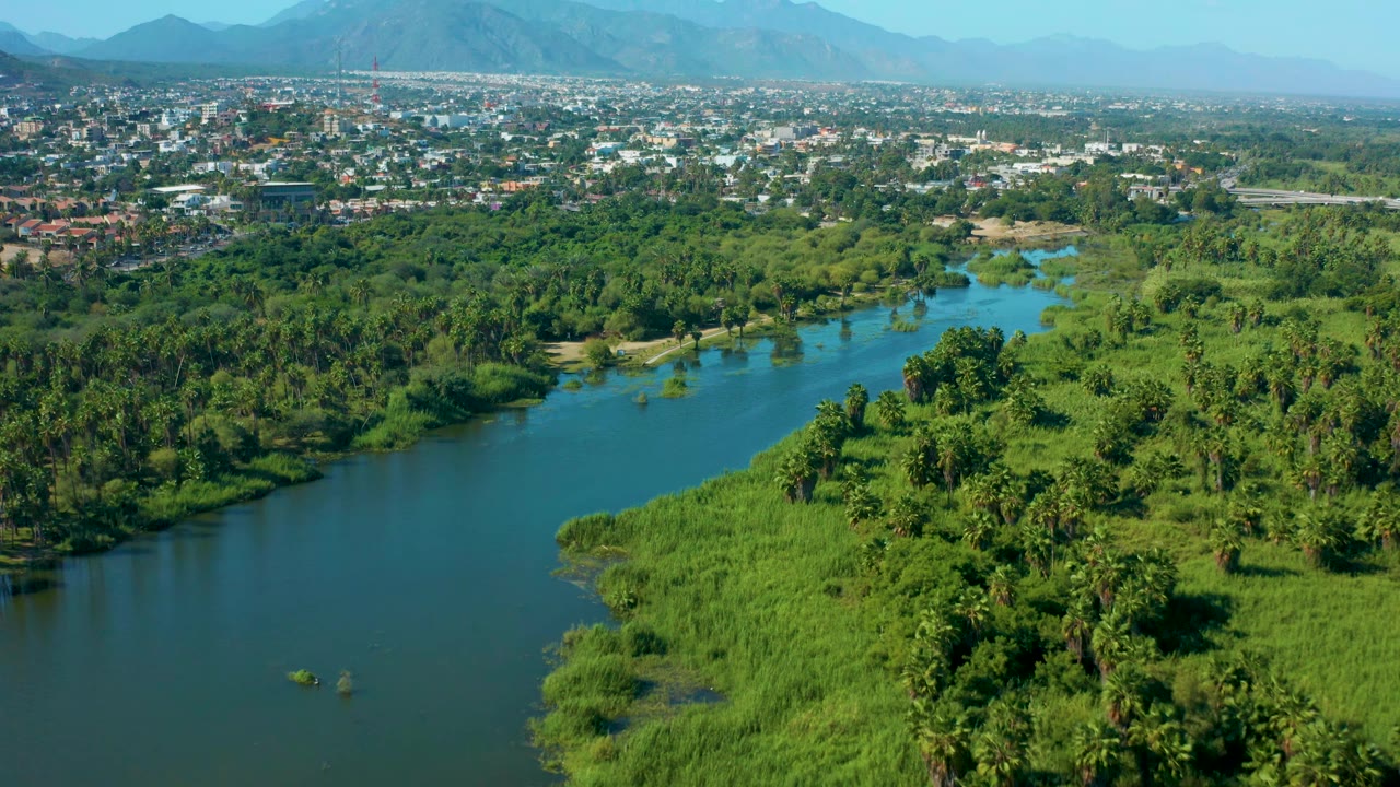 Aerial frame in San Jose Del Cabo, Mexico, with the river centered between dense green banks, scattered palms, a town skyline across the upper frame, mountains fading behind it, and no visible people.