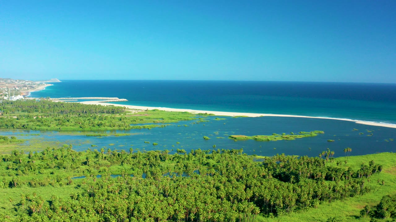 Aerial view of green vegetation, coastal lagoon, sandy shore, and blue ocean.
