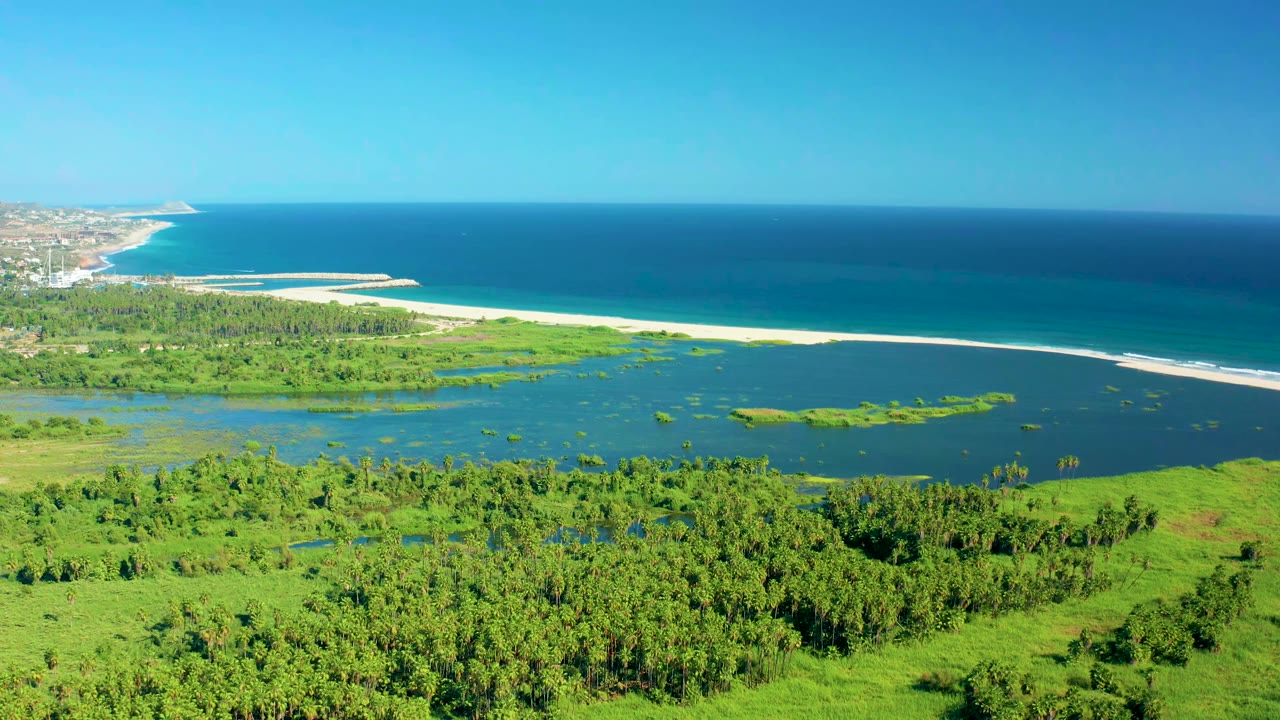 Aerial view in San Jose del Cabo with the lagoon and green wetland filling the lower frame, white sand dividing the water, ocean stretching behind it, and no visible people.