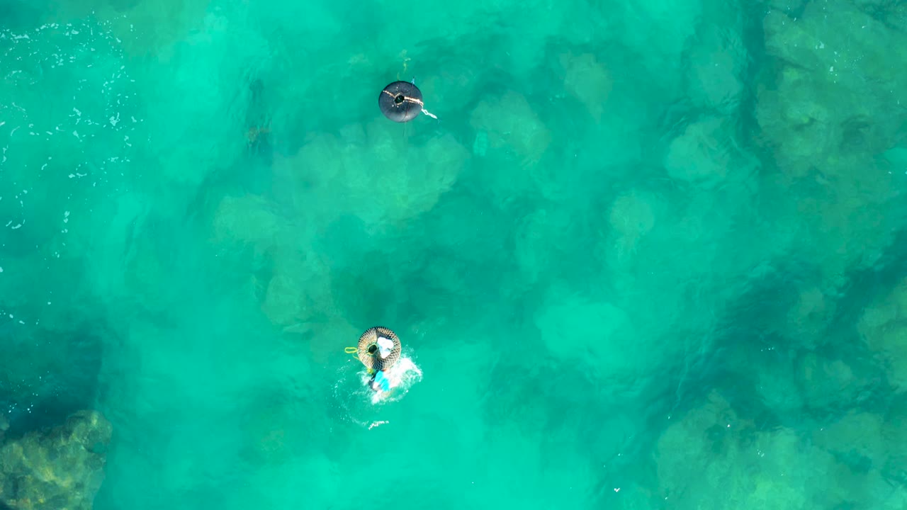 Two ring floaters in clear turquoise water from directly above