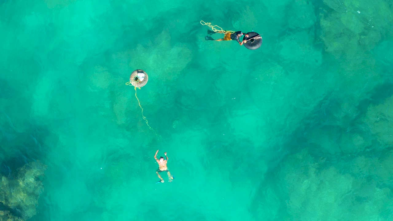Overhead view in San Jose del Cabo showing two people in clear turquoise water, one near a ring buoy and rope and another snorkeler near the upper frame.