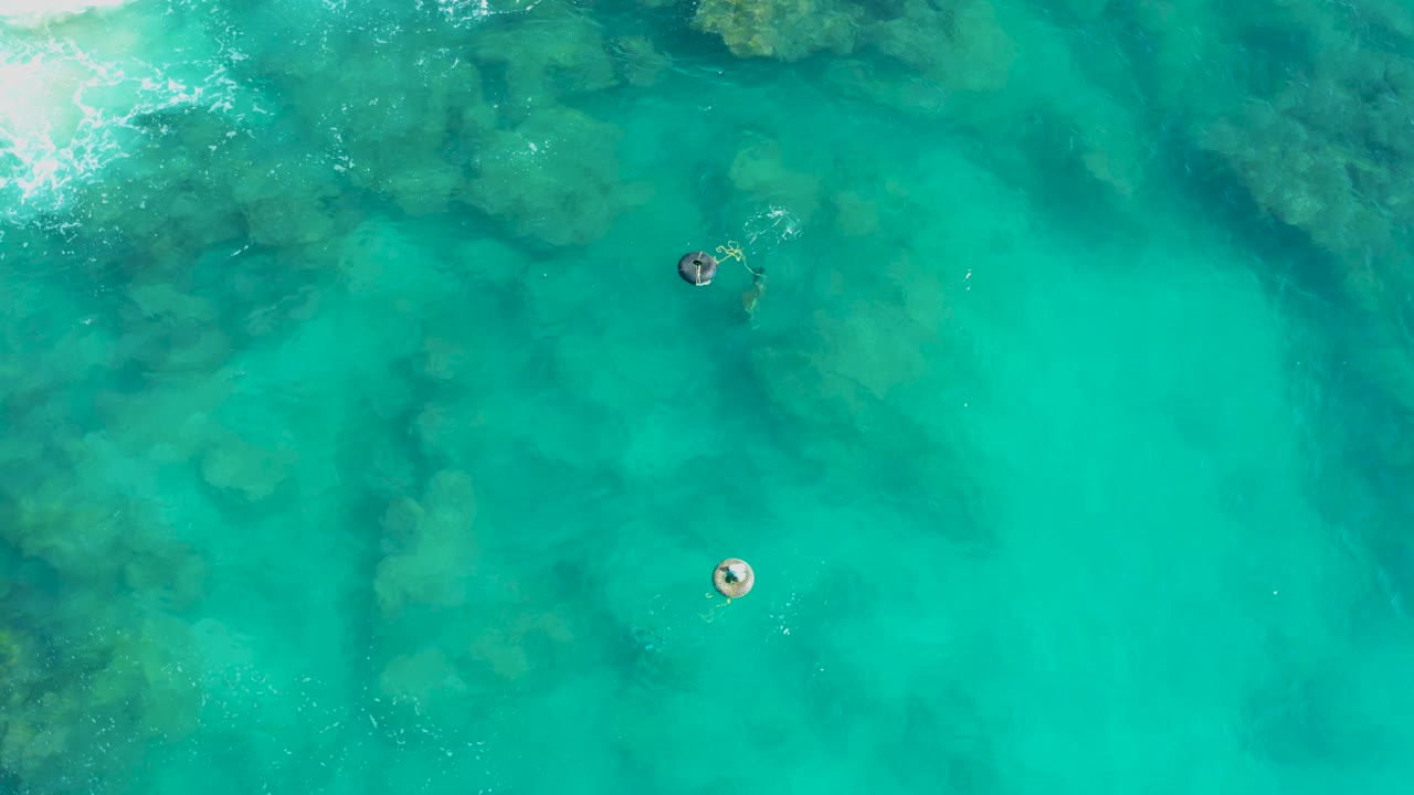 Two swimmers floating in clear blue-green ocean water.