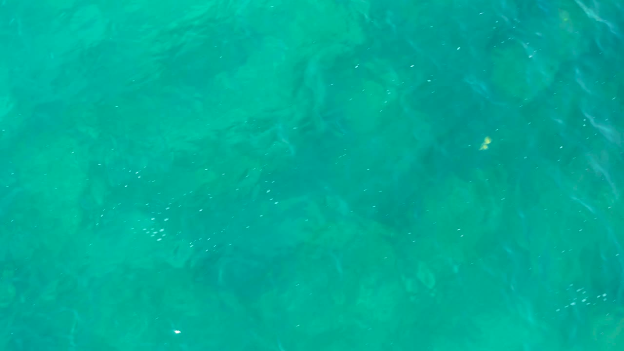 Clear blue-green water in San Jose del Cabo shows darker submerged rock patches under gentle ripples, with no visible people.