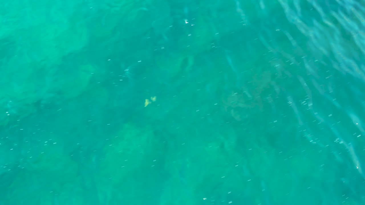 A top-down view of San Jose Del Cabo water reveals muted rocks beneath a smoother turquoise surface, with no visible people.