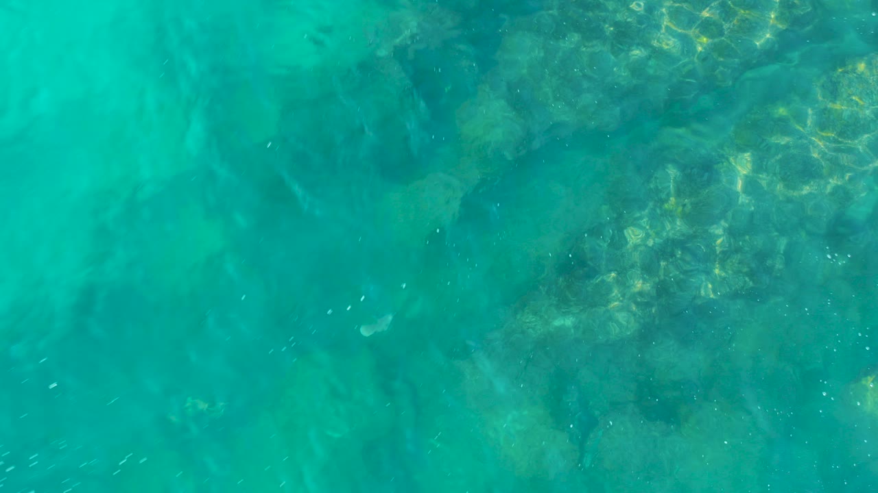Turquoise water over a rocky seabed with small fish