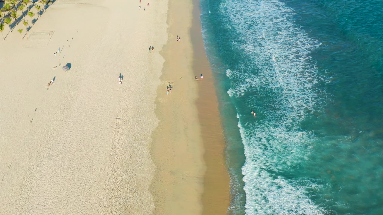 High overhead San Jose Del Cabo beach view with palm trees just visible at the upper left, beachgoers spread along the sand, and a white wave band running down the ocean side.