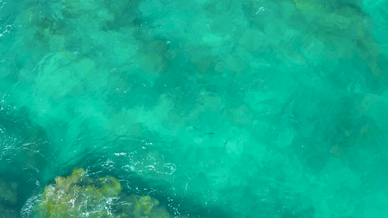 Top-down East Cape water view with blue-green shallows, mottled underwater rocks, bright surface glints, and no visible people.