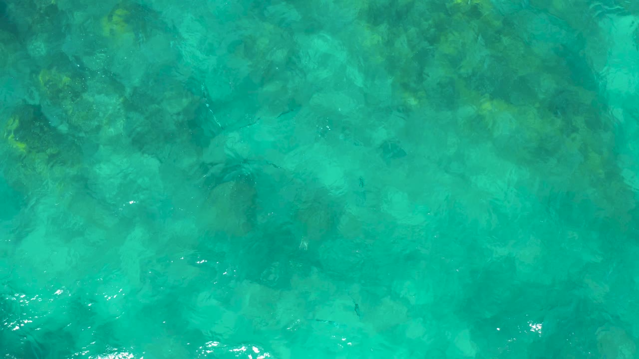 Clear shallow turquoise water in East Cape BCS Mexico reveals a mottled seabed with green and dark rock areas under small surface ripples, no visible people.