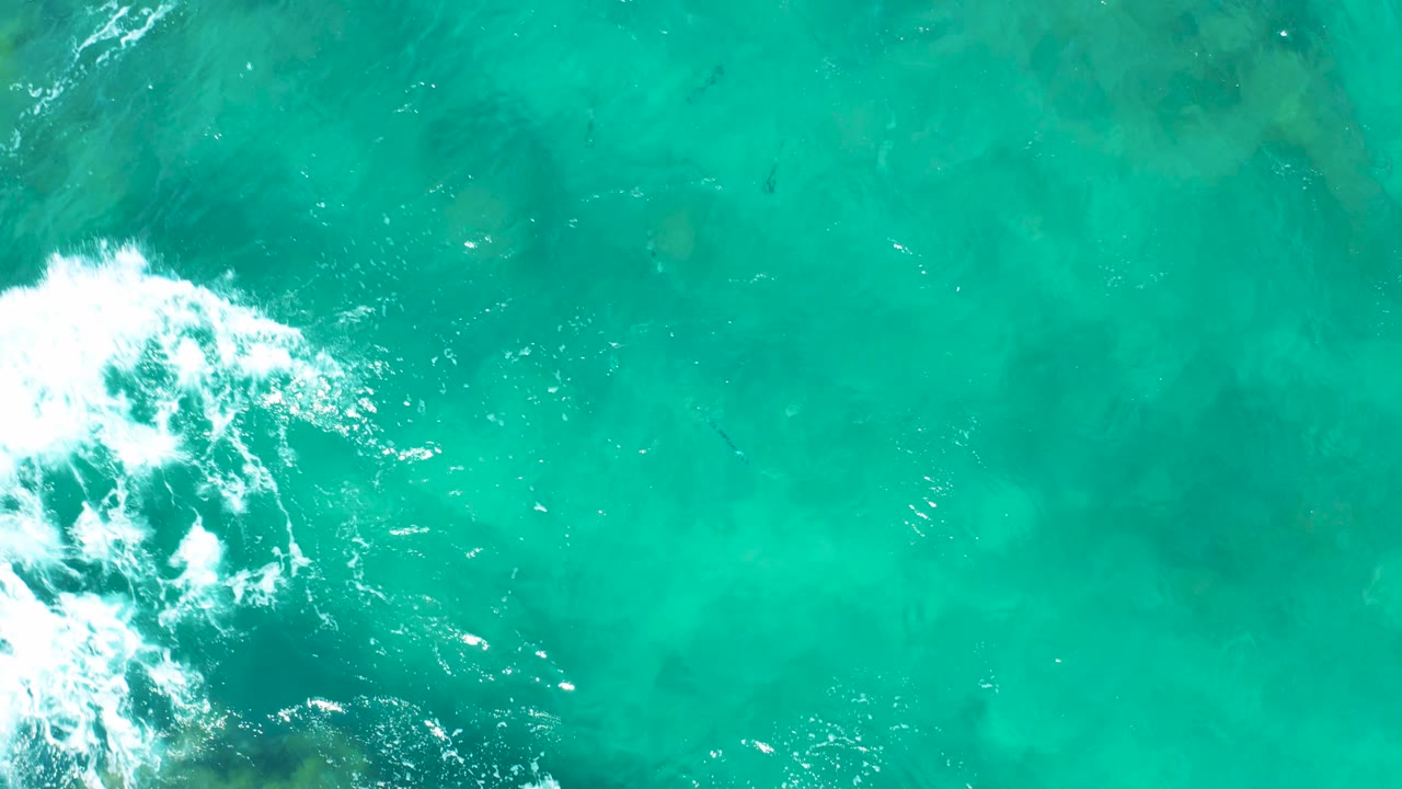 Overhead East Cape ocean view with a brighter white foam patch along the left side, open turquoise water to the right, visible seabed texture, and no visible people.