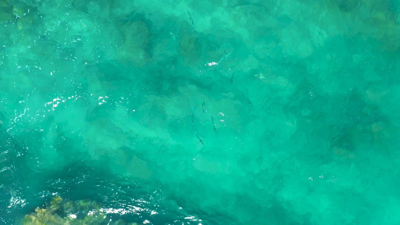 Clear East Cape turquoise water fills the frame, with faint submerged rock forms and a brighter ripple band near the lower left, no visible people.