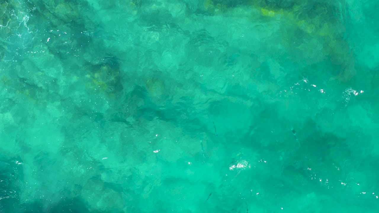 Overhead frame of East Cape, Baja California Sur water with teal and turquoise color shifts, submerged rocks, scattered fish shapes, bright highlights, and no visible people.