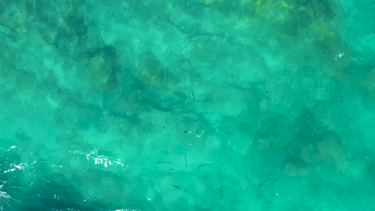 Aqua shallow water in East Cape BCS Mexico shows submerged rocks, faint small fish silhouettes, soft surface distortion, and no visible people.