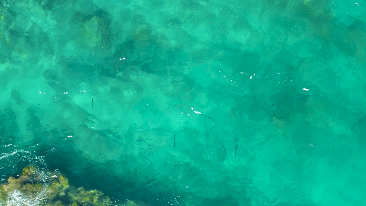 Overhead view of turquoise shallow ocean in East Cape BCS Mexico with submerged rocks near the lower left, small fish shapes, surface ripples, and no visible people.
