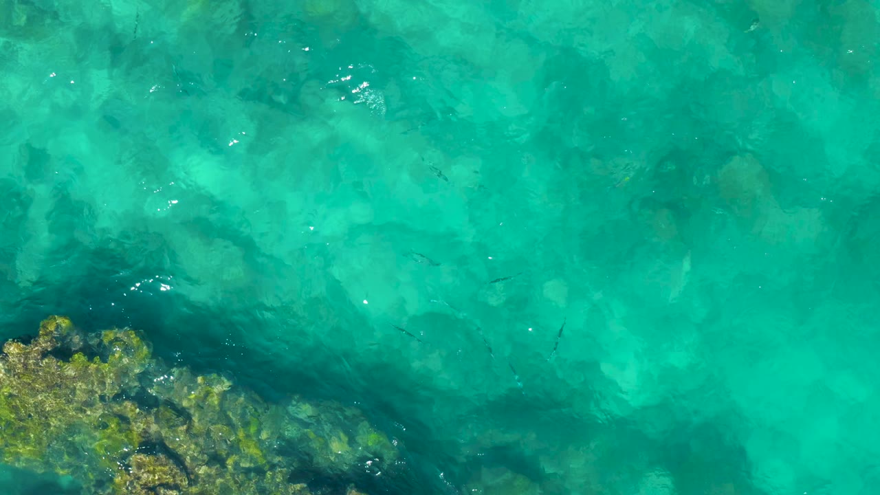 Clear green-blue ocean water in East Cape, Baja California Sur, shows a rocky seabed patch along the bottom edge, pale sand or stone beneath the surface, small fish shapes, and no visible people.