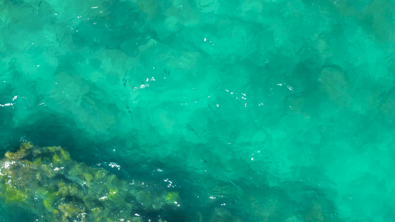 Top-down East Cape, Baja California Sur ocean view with bright turquoise water, a darker coral rock patch at the lower left, faint fish shapes in the shallows, and no visible people.
