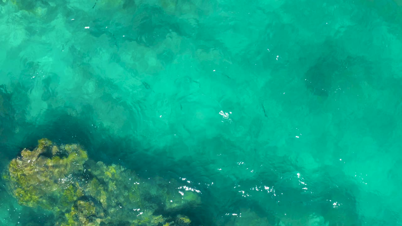 Overhead East Cape water frame with green-blue shallows, faint underwater rock shapes, and no visible people.
