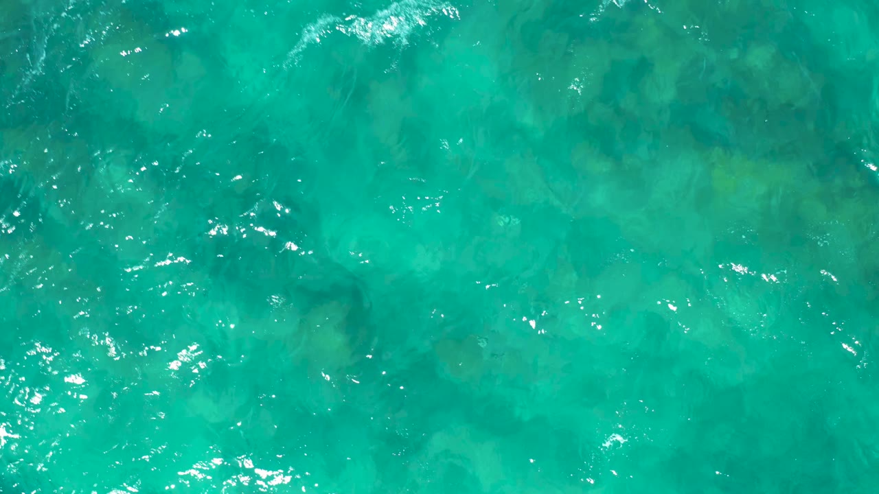 Clear blue green water with ripples crossing darker seabed patches.