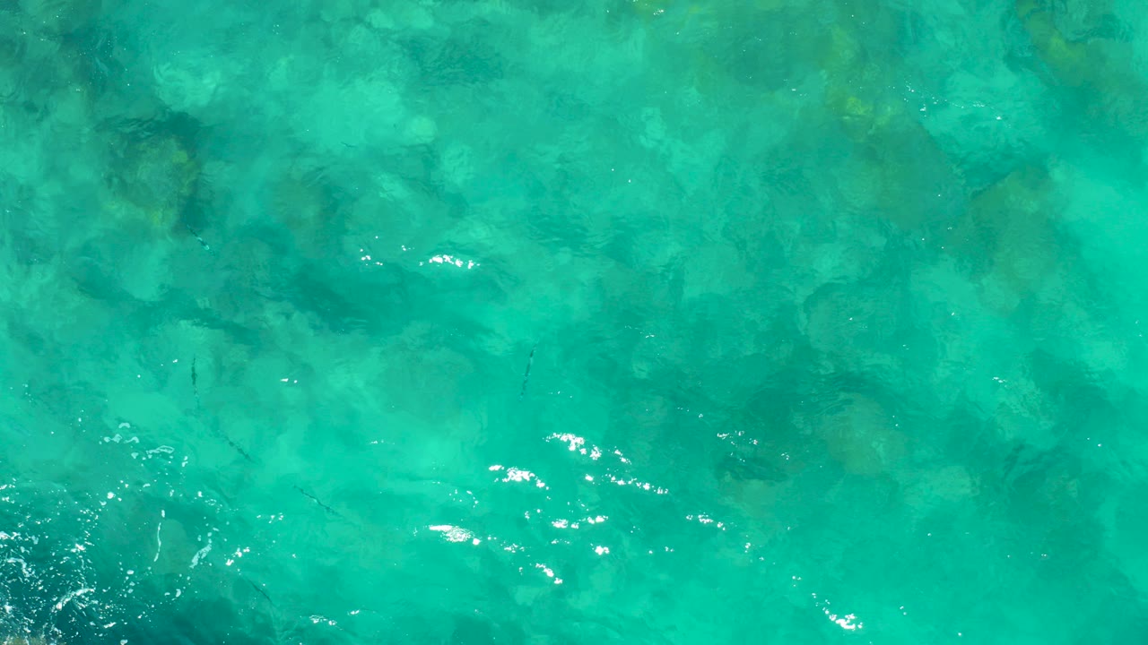 Turquoise shallow water with submerged rocks and small fish.