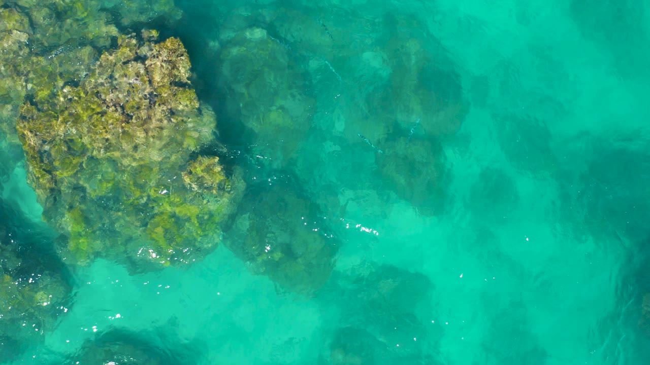 Overhead view of East Cape, Baja California Sur turquoise water with a large tan-green rock at upper left, darker submerged rocks beneath the surface, and no visible people.