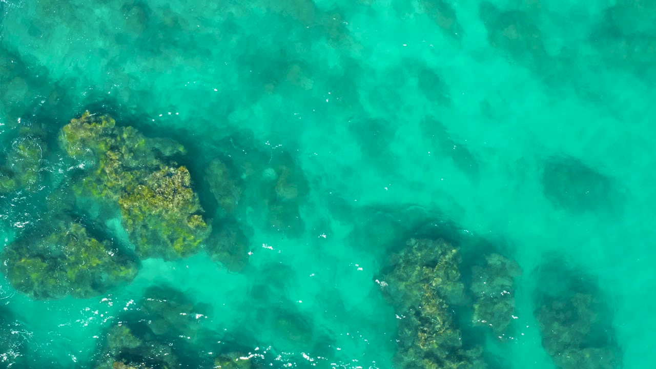 Straight-down aerial view in East Cape, Baja California Sur, with blue-green water, exposed rocks near the left and right sides, submerged dark vegetation, faint foam flecks, and no visible people.