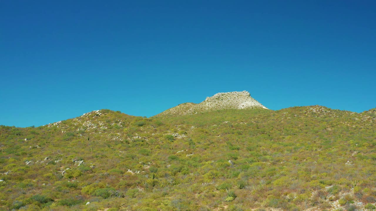 Second frame holds on the East Cape BCS Mexico hillside, with a pale rocky crest above low scrub and no visible people.