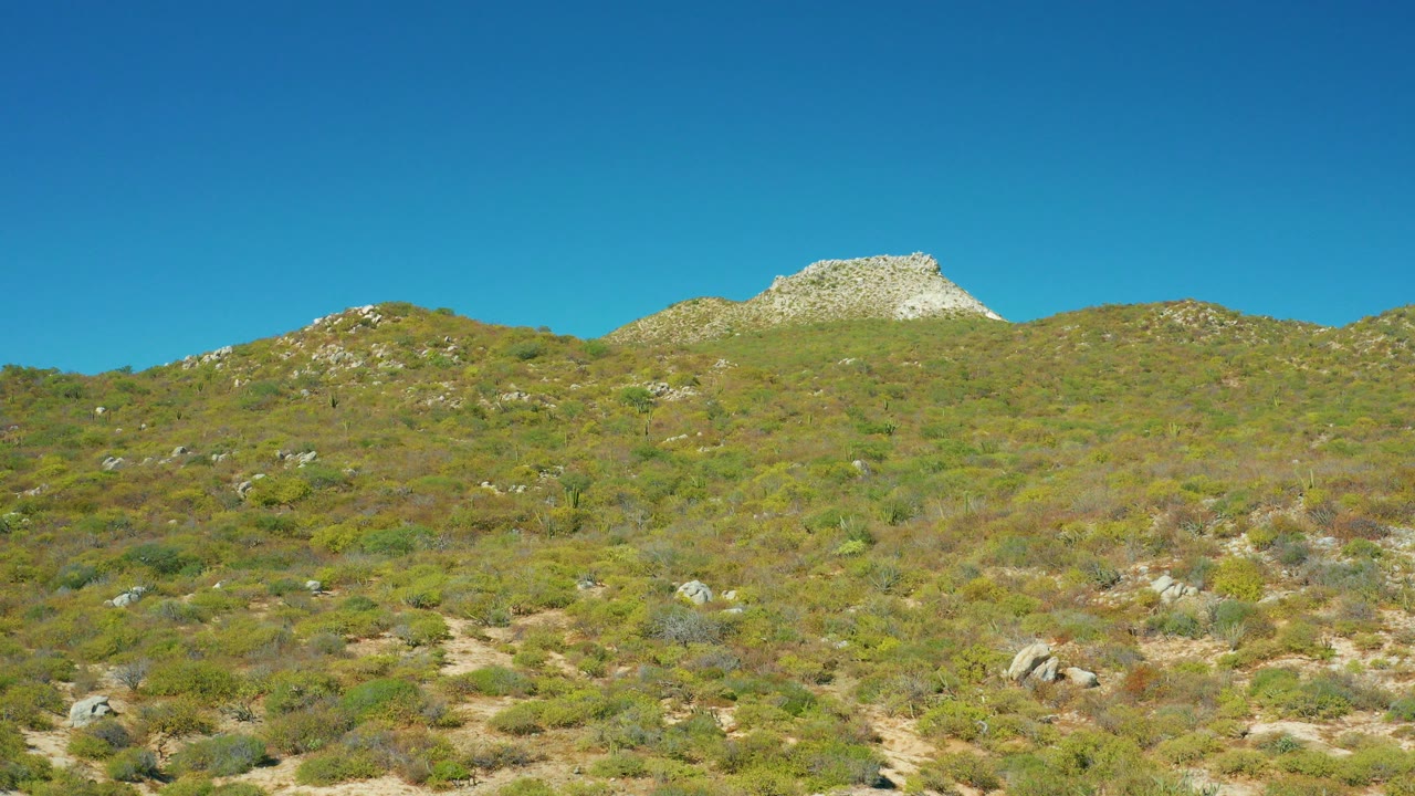 Opening frame of East Cape BCS Mexico hillside with sparse green and brown shrubs, scattered rocks, a pale rocky outcrop on the ridge, and no visible people.