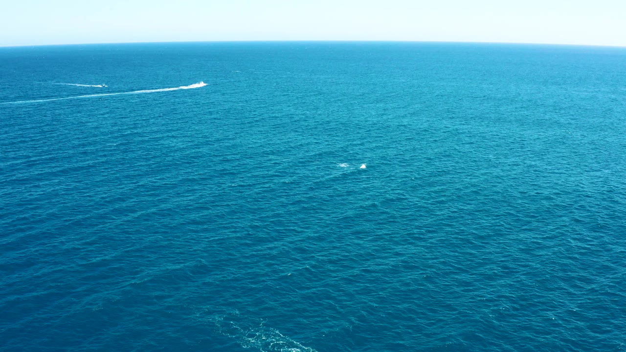 Wide aerial frame over East Cape, Baja California Sur open ocean, showing a distant boat wake near the horizon and small white surfacing splashes below, with no visible people.