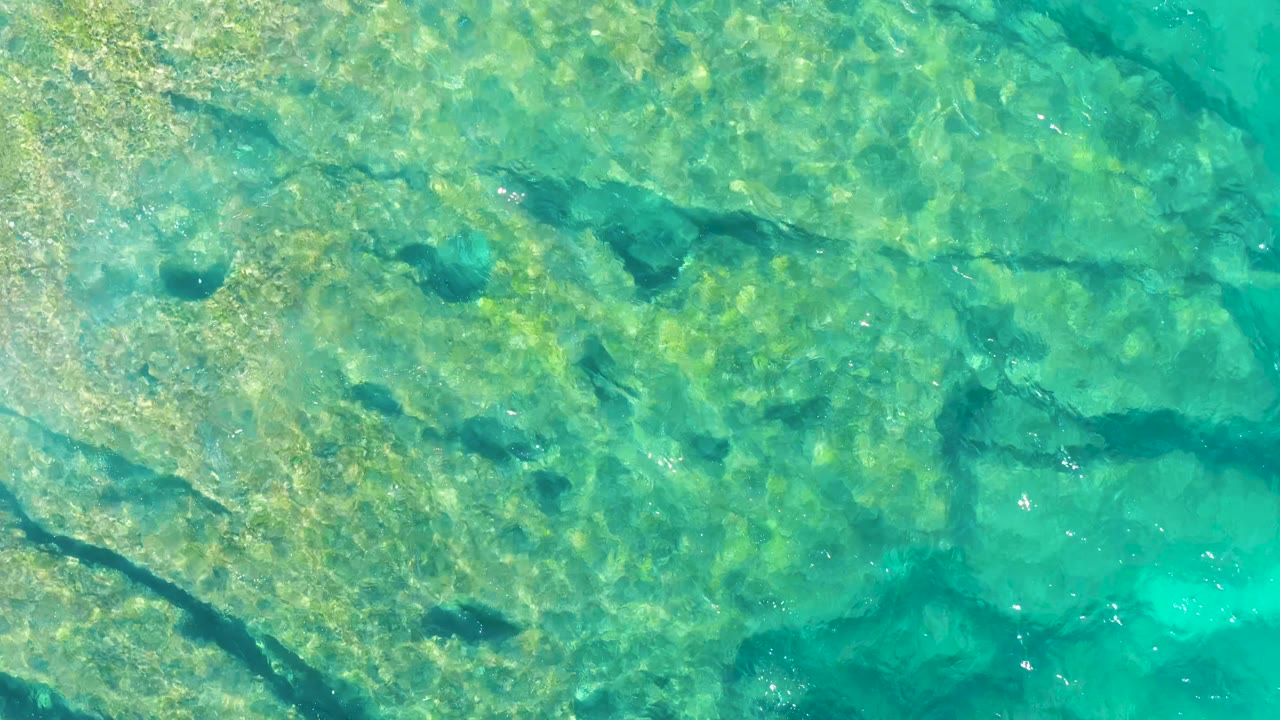 Clear green-blue water reveals submerged rocks and algae-toned patches in East Cape BCS Mexico, with small white surface glints and no visible people.