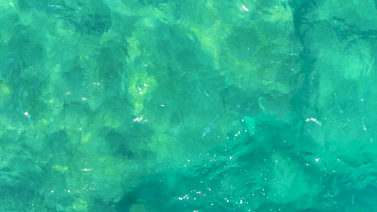 Aerial-looking top-down frame of shallow turquoise water in East Cape BCS Mexico, with darker underwater patches and bright reflection clusters, no visible people.